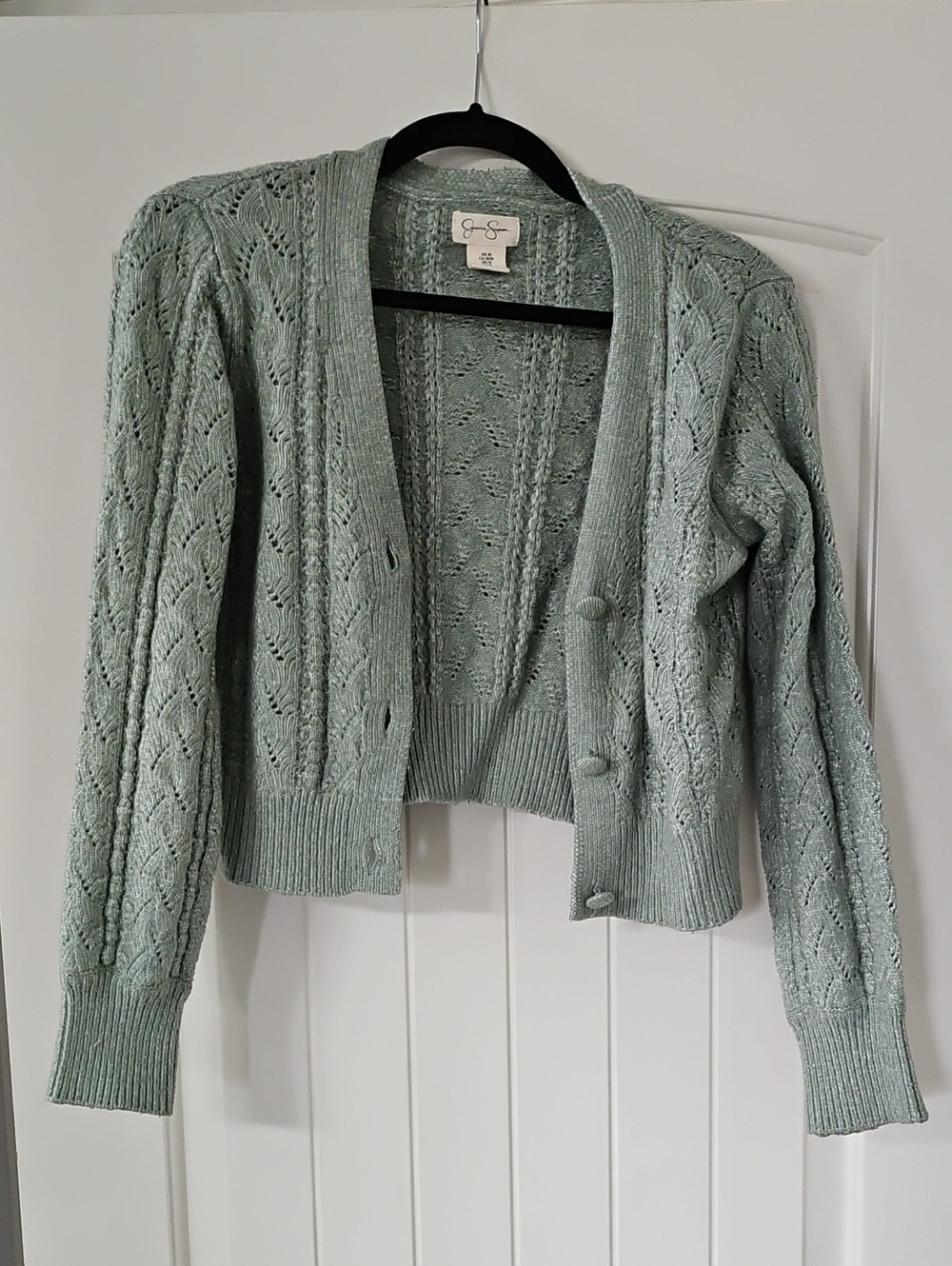 Jessica Simpson Light Sage Openwork Cropped Cardigan